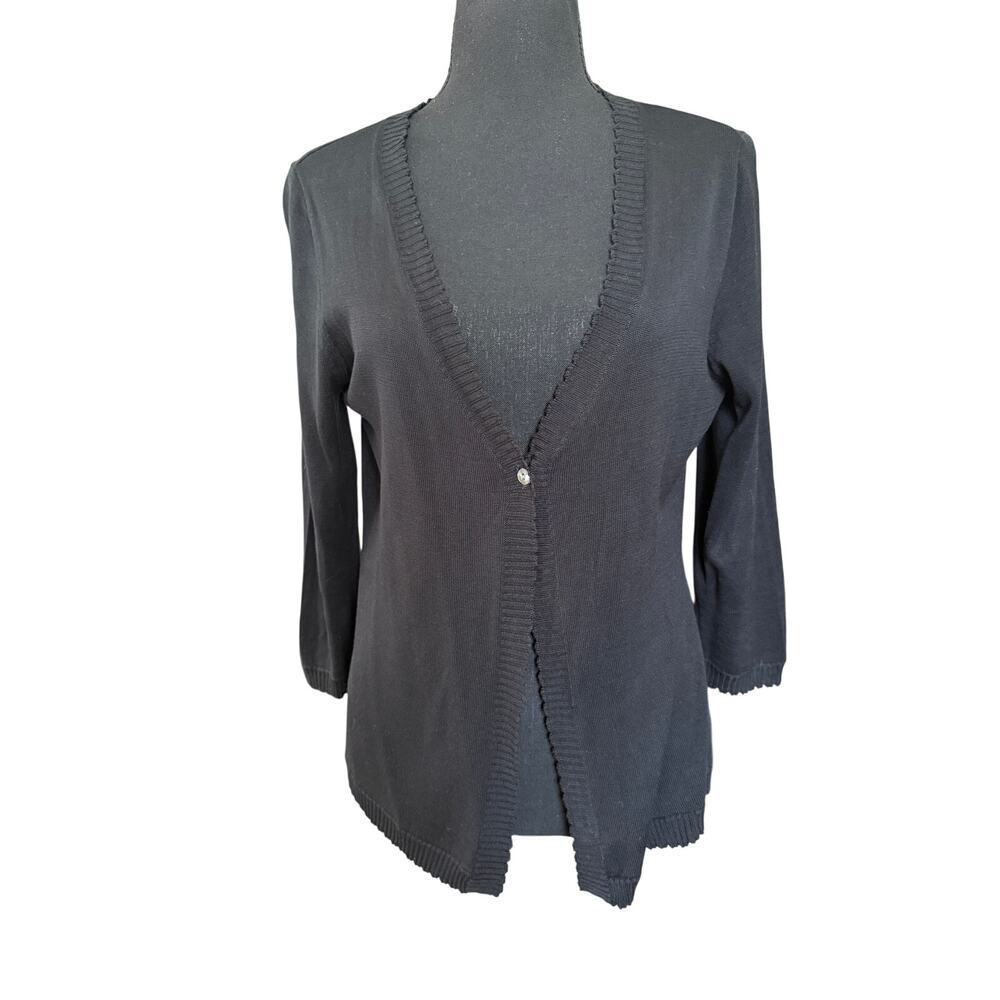 Pineapple Moon 100% Silk Black Three Quarter Sleeve Scalloped Trim Size M | GUC